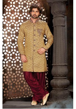 Designer Gold & Maroon Indo Western Sherwani